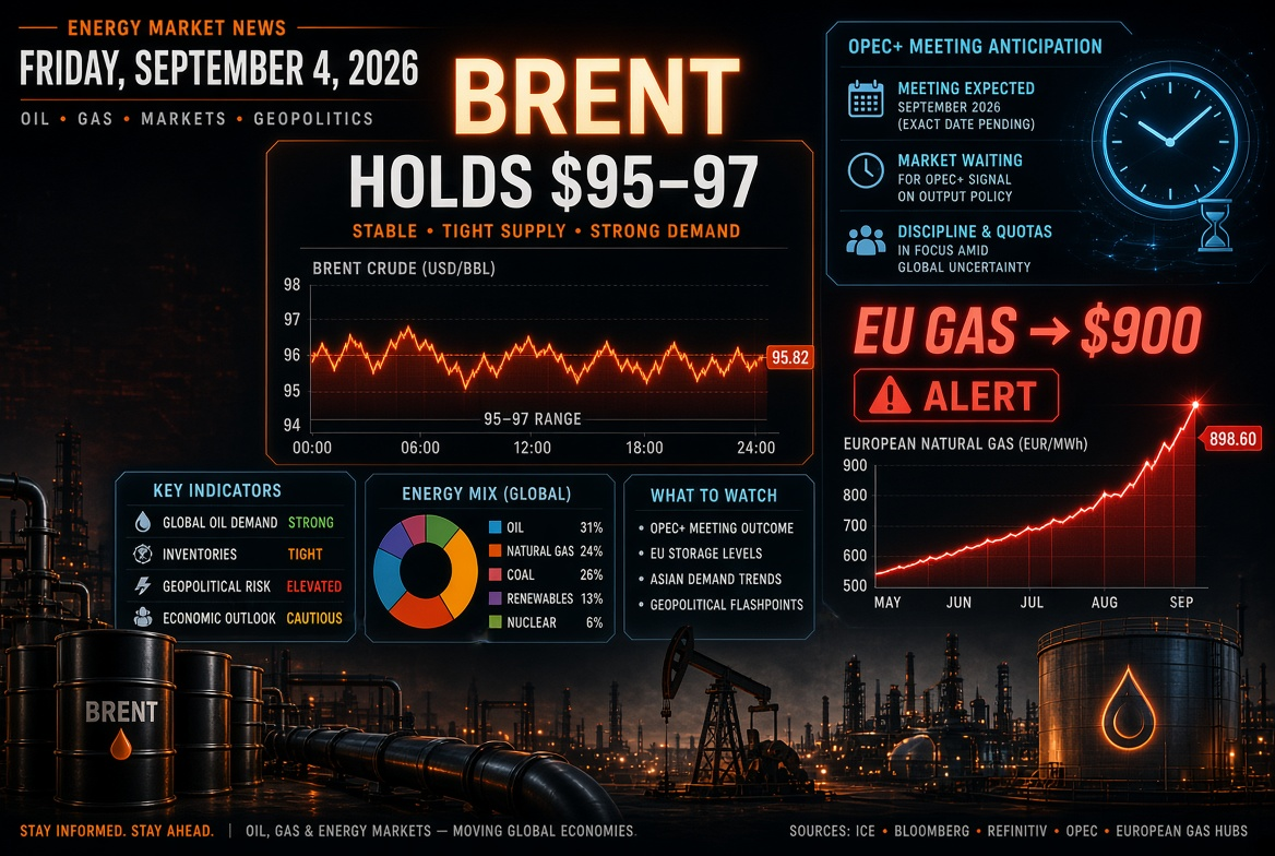 Oil and Gas News and Energy Update — Friday, September 4, 2026: Brent Holds at $95–97 Ahead of OPEC+ Meeting, Gas in Europe Storms Past $900
