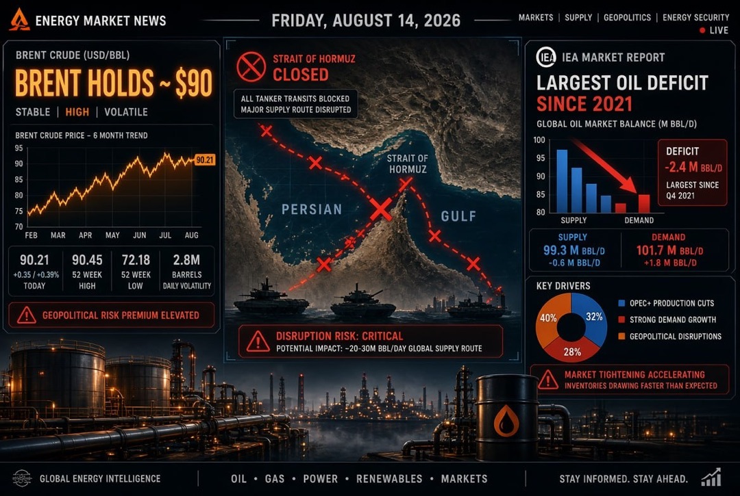 Oil and Gas News - Friday, August 14, 2026: Brent Holds at $90 Amid Closed Strait of Hormuz; IEA Records Largest Oil Deficit Since 2021