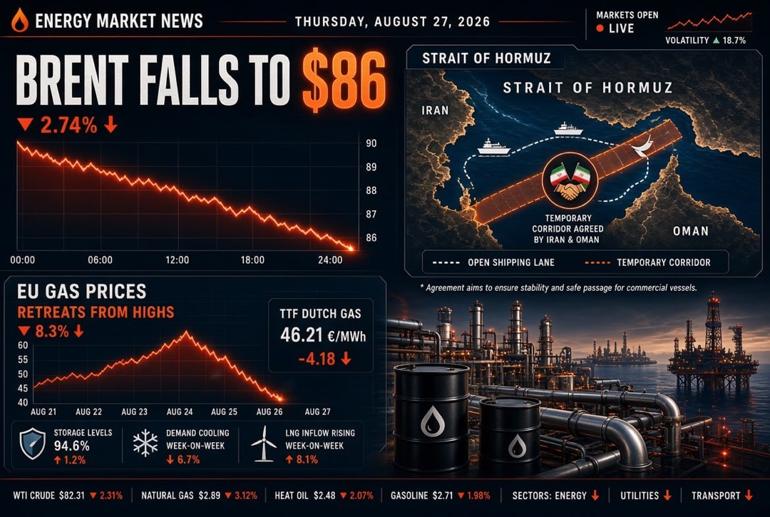 Oil and Gas News — Thursday, August 27, 2026: Iran and Oman Agree on Temporary Corridor in the Strait of Hormuz, Brent Drops to $86, Gas in Europe Retreats from Highs