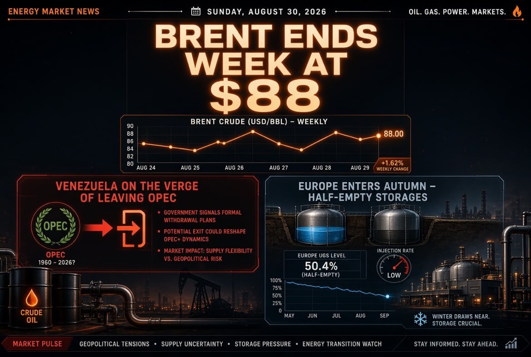 Oil and Gas News - Sunday, August 30, 2026: Venezuela on the brink of exiting OPEC, Brent closes the week at $88, Europe enters autumn with half-empty UGS