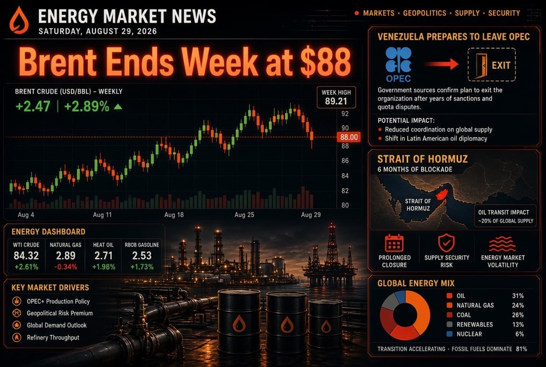 Oil and Gas News — Saturday, August 29, 2026: Venezuela Prepares to Leave OPEC, Brent Finishes the Week at $88, Six Months of Hormuz Strait Blockade