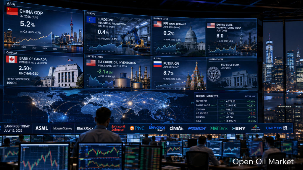 Global Markets July 15, 2026: China GDP, US PPI, Bank of Canada, EIA crude oil stocks, and reports from ASML, Morgan Stanley, and BlackRock.