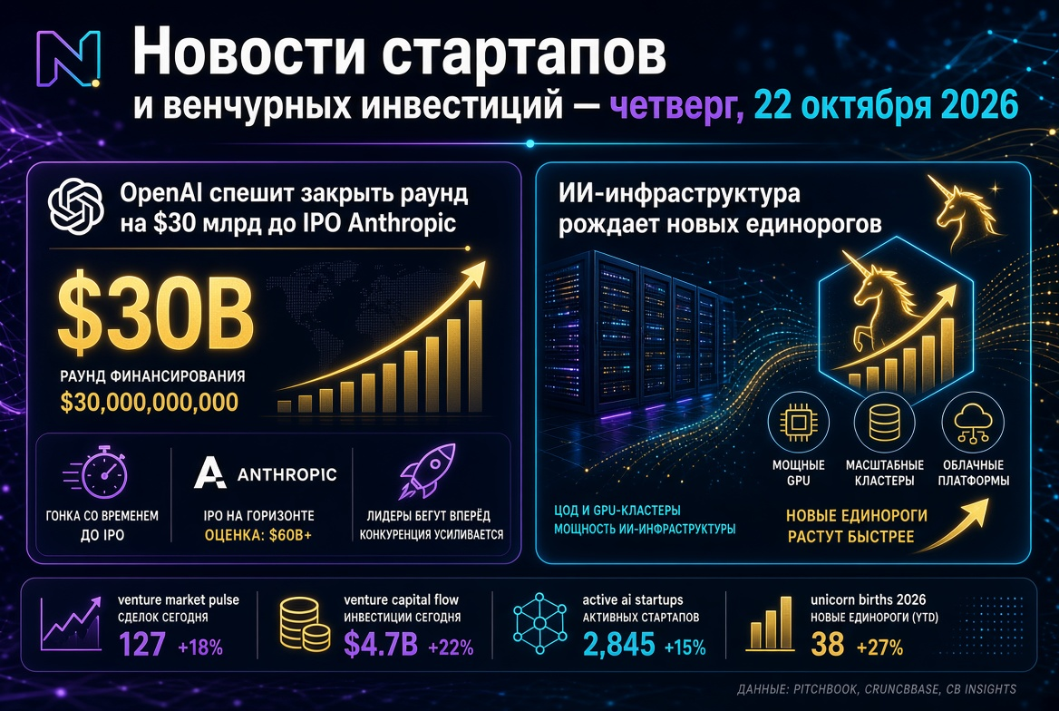 Startup and Venture Investment News — Thursday, October 22, 2026: OpenAI Rushes to Close $30 Billion Round Ahead of Anthropic IPO, While AI Infrastructure Gives Rise to New Unicorns
