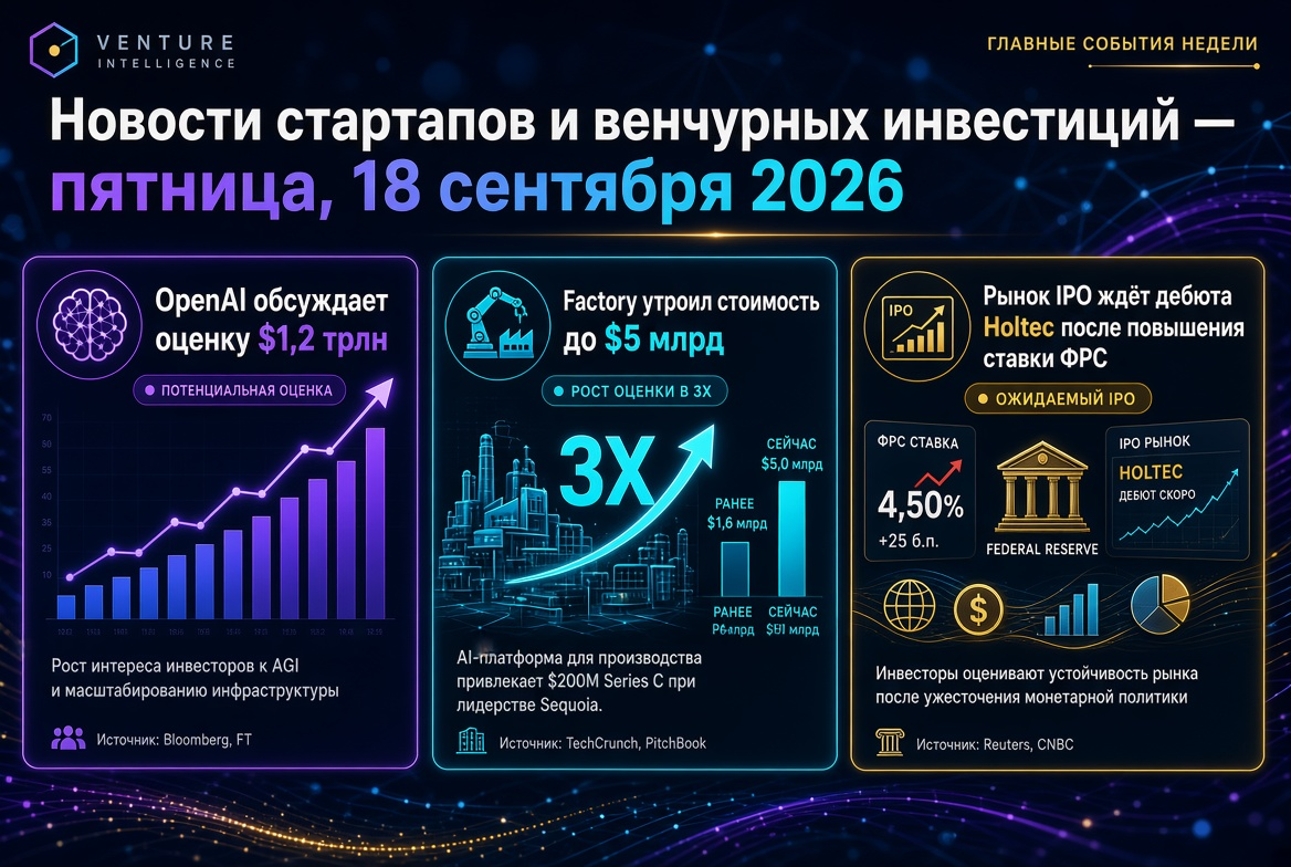 News on Startups and Venture Investments - Friday, September 18, 2026: OpenAI Discusses $1.2 Trillion Valuation, Factory Triples to $5 Billion, IPO Market Awaits Holtec Debut After Fed Rate Hike