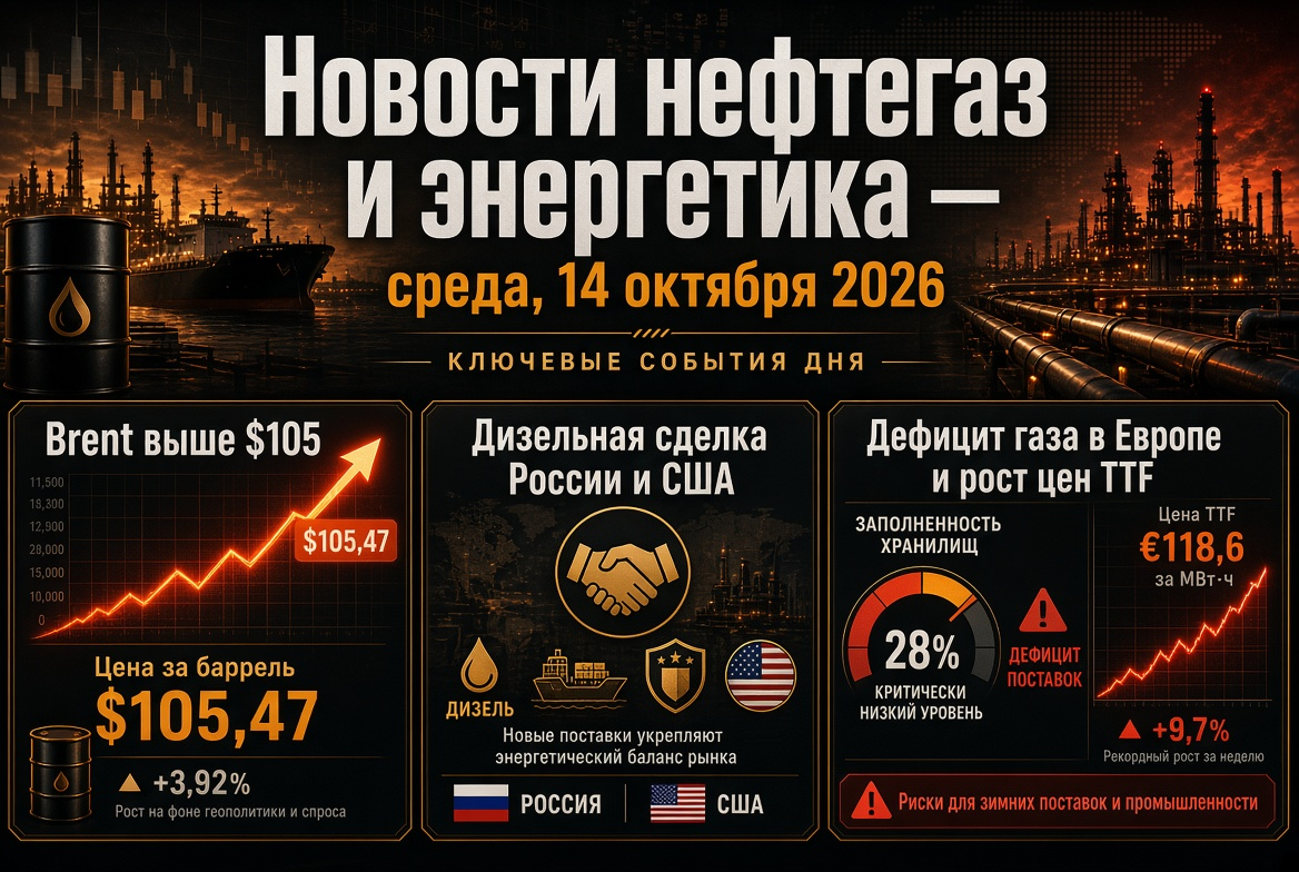 Oil and Gas News and Energy - Wednesday, October 14, 2026: Brent Above $105, Russia and USA Diesel Deal, Gas Shortage in Europe