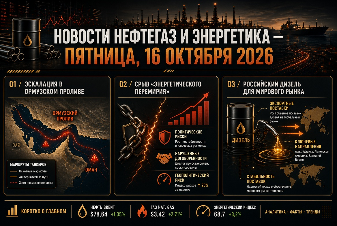 Oil and Gas News — Friday, October 16, 2026: Escalation in the Strait of Hormuz, failure of the "energy ceasefire," and Russian diesel for the global market