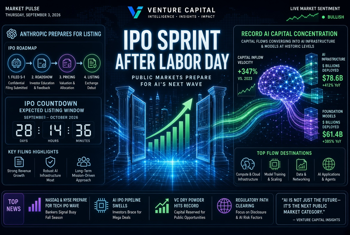 Startup and Venture Capital News — Thursday, September 3, 2026: IPO Sprint After Labor Day, Anthropic's Listing Preparation, and Record AI Capital