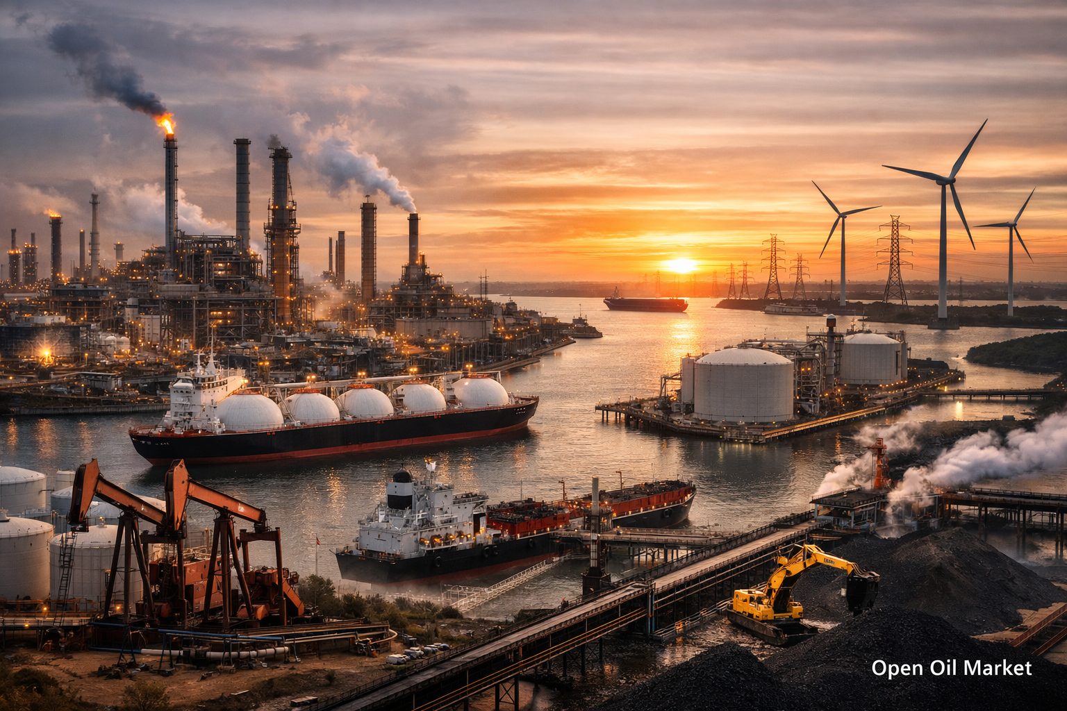 Oil Refinery, LNG Terminal, Oil Tankers, and Coal Port at Sunset — Global Oil and Gas Market February 18, 2026