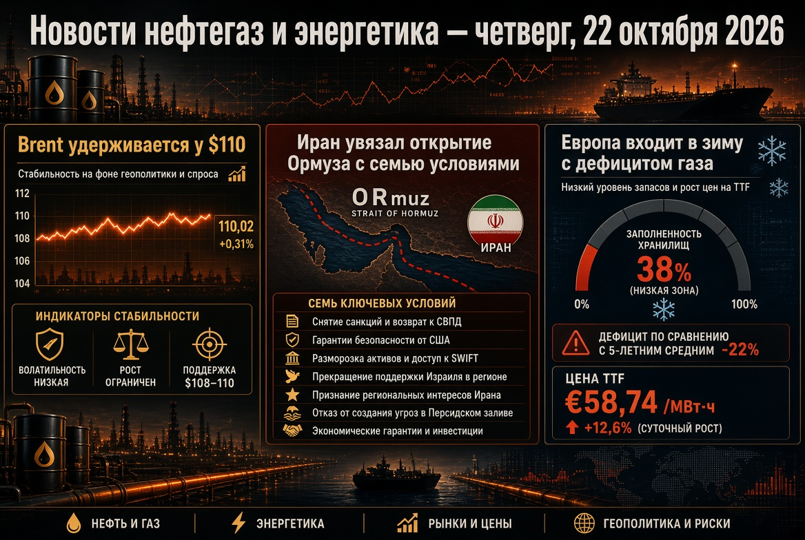 Oil and Gas News - Thursday, October 22, 2026: Brent holds at $110, Iran ties opening Hormuz to seven conditions, Europe enters winter with gas shortage