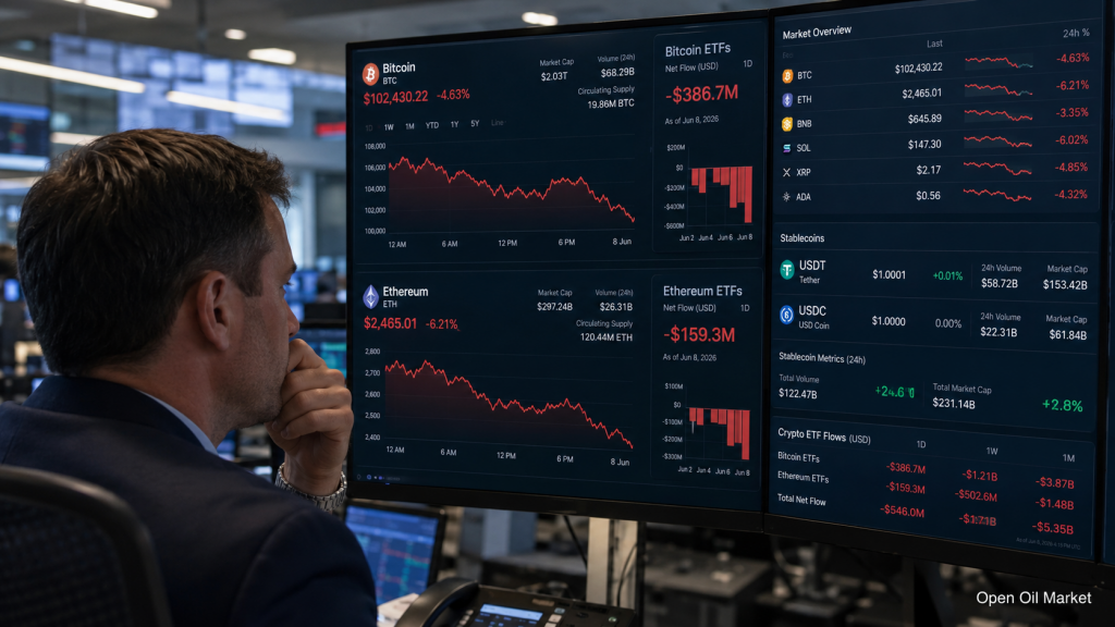 Cryptocurrency Market 8 June 2026: Bitcoin Under Pressure, Ethereum Declines, Stablecoins Strengthen Positions