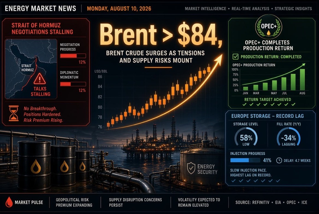 Oil and Gas News and Energy - Monday, August 10, 2026: Negotiations on the Strait of Hormuz Stalled, Brent Above $84, OPEC+ Completed Production Return, Europe Filling Storage with Record Lag