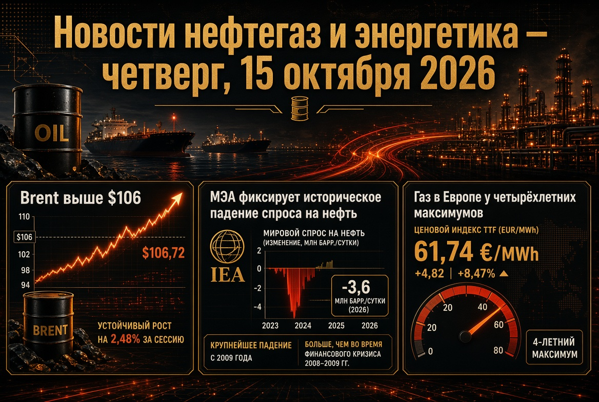 Oil & Gas News — Thursday, October 15, 2026: Brent Above $106, IEA Reports Historic Drop in Oil Demand, Gas Prices in Europe at Four-Year Highs