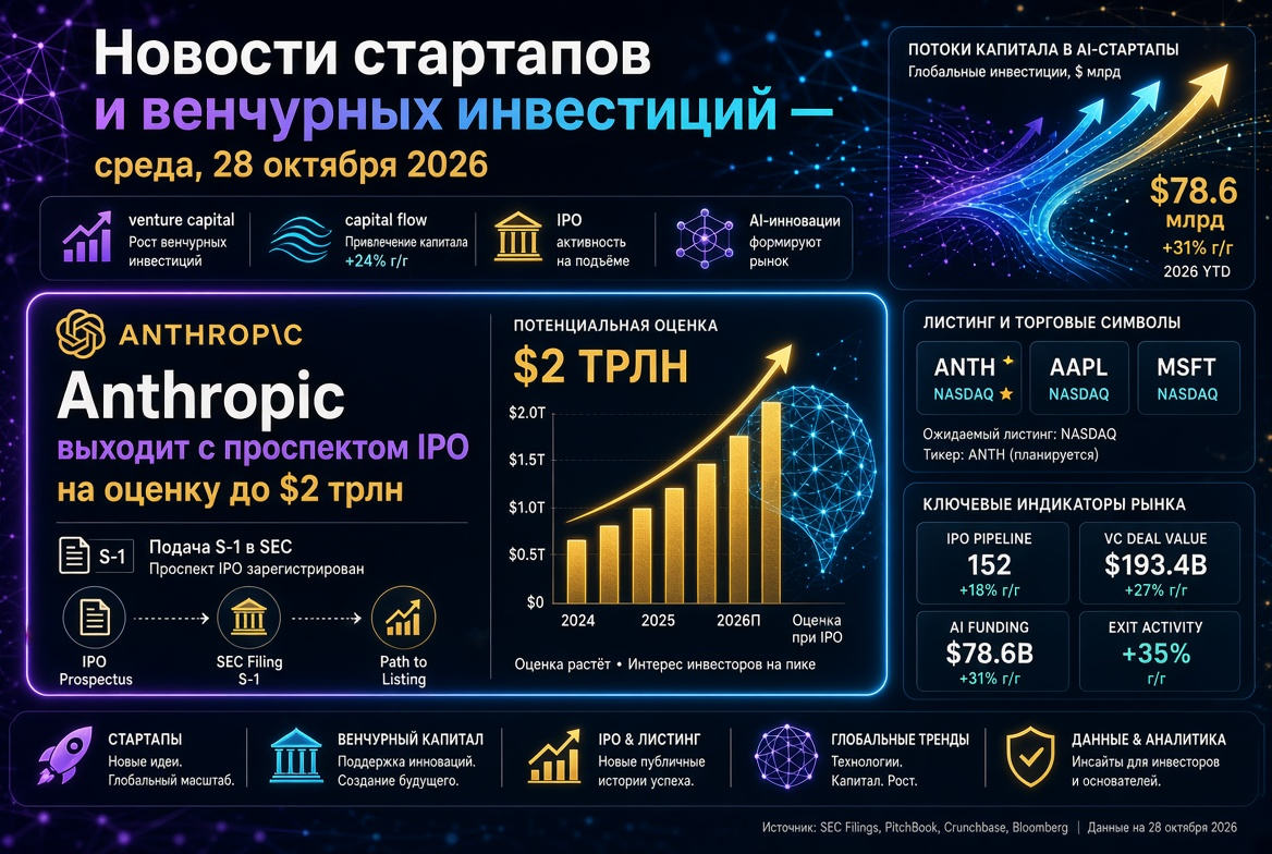 Startup and Venture Investment News — Wednesday, October 28, 2026: Anthropic files IPO prospectus with a valuation of up to $2 trillion