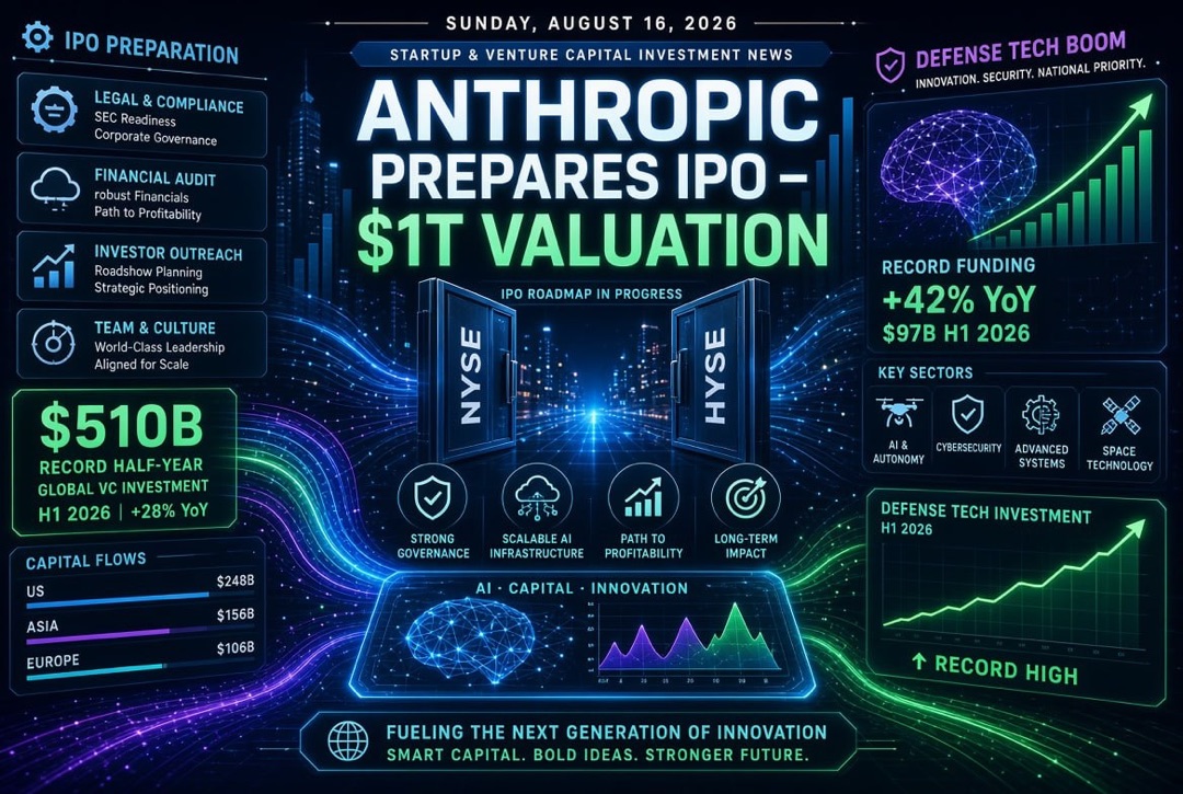 Startup and Venture Investment News - Sunday, August 16, 2026: Anthropic Prepares $1 Trillion IPO, Record $510 Billion in Half-Year, and Defense Technology Boom