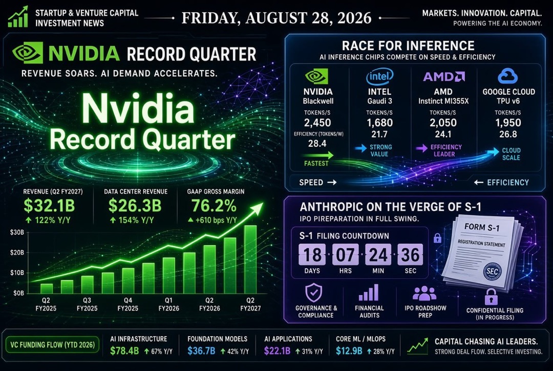 Startup and Venture Investment News — Friday, August 28, 2026: Nvidia's Record Quarter, Inference Race, and Anthropic on the Verge of Public S-1
