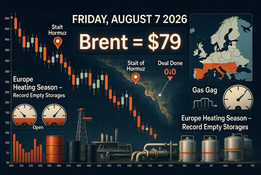 Oil and Gas News — Friday, August 07, 2026: Strait of Hormuz Deal Crashes Oil, Brent at $79, Europe Enters Heating Season with Record Low Storage Levels.