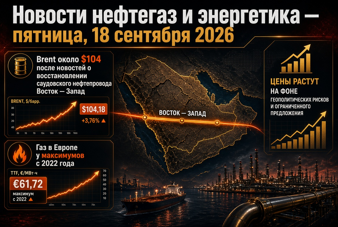 Oil and Gas News and Energy - Friday, September 18, 2026: Brent around $104 after news of Saudi East-West pipeline restoration, gas in Europe at 2022 highs