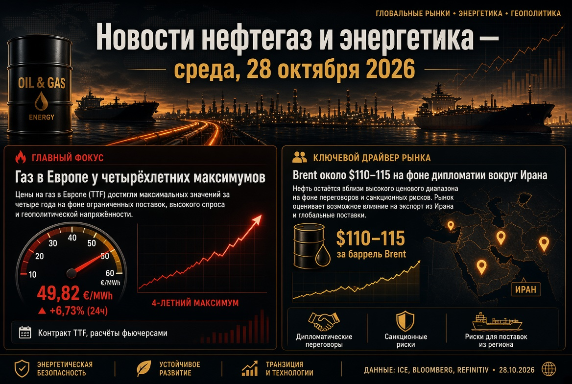 Oil and Gas News — Wednesday, October 28, 2026: Gas in Europe at Four-Year Highs, Brent Around $110–115 Amidst Diplomacy over Iran