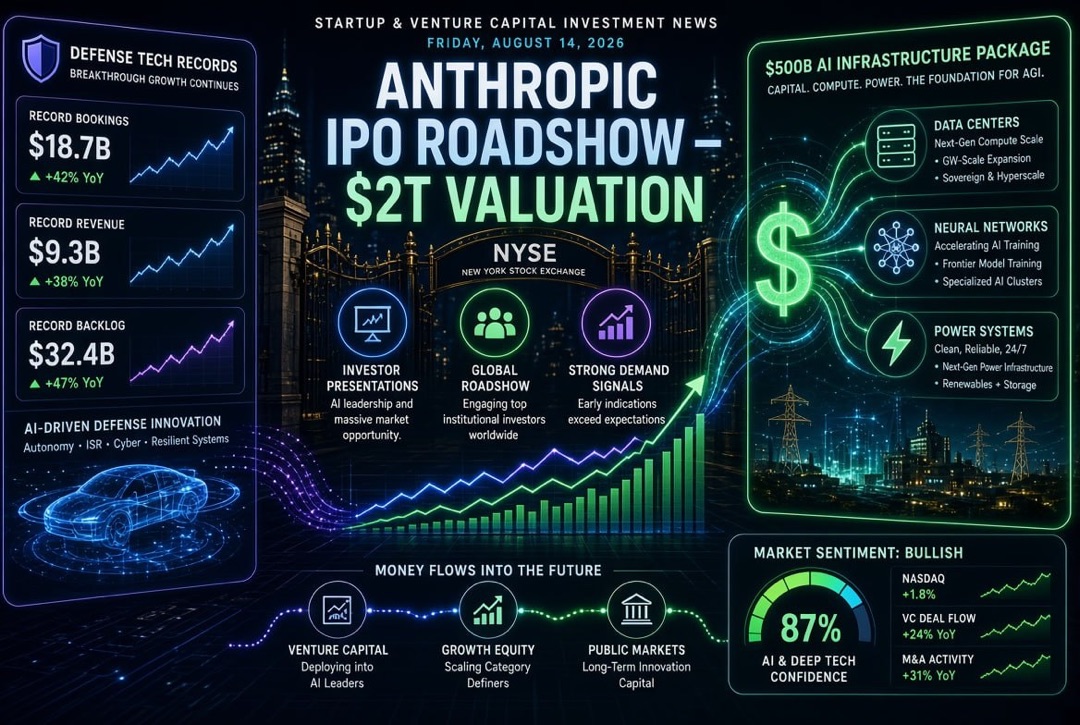 Startup and Venture Investment News - Friday, August 14, 2026: Anthropic's $2 trillion IPO roadshow, $500 billion package for AI infrastructure, and defense technology funding records