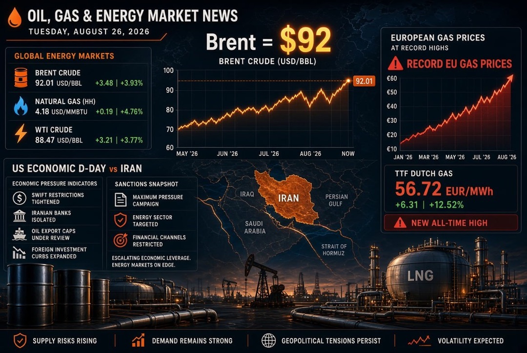 Oil and Gas News — Tuesday, August 26, 2026: US "Economic D-Day" Against Iran, Brent at $92 and Record Gas Prices in Europe