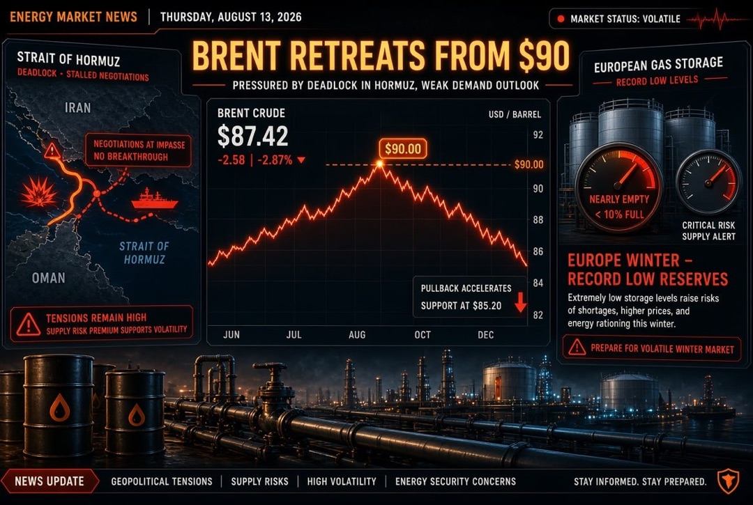Oil and gas news and energy - Thursday, August 13, 2026: Brent retreats from $90 amid deadlock around the Hormuz Strait; Europe enters winter with record low gas reserves