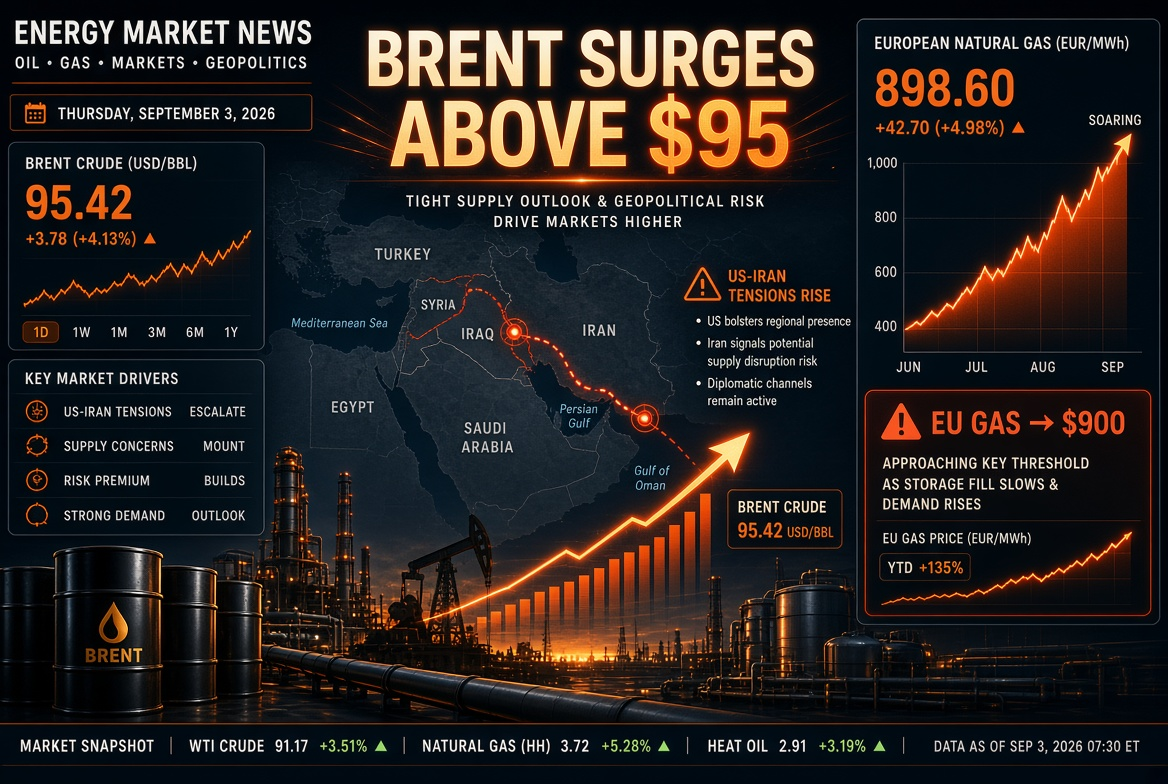 Oil and Gas News — Thursday, September 3, 2026: USA-Iran Escalation Pushes Brent Above $95, Gas in Europe Soars to $900