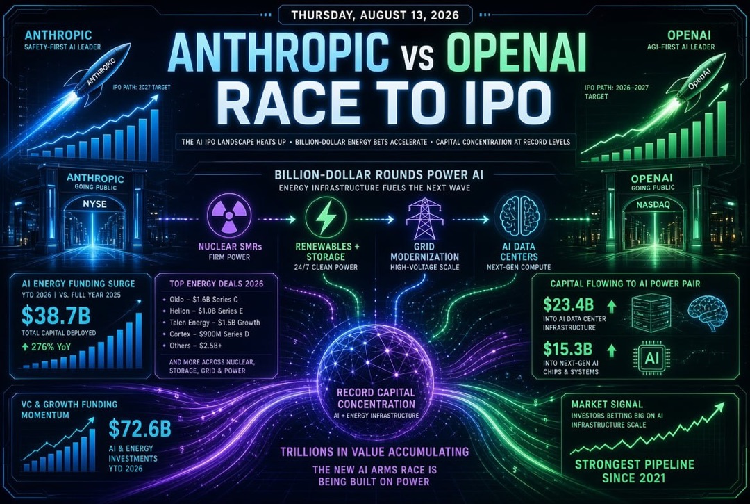 Startup and Venture Investment News — Thursday, August 13, 2026: The Race of Anthropic and OpenAI to the Stock Exchange, Billion-Dollar Rounds in Energy for AI and Record Capital Concentration