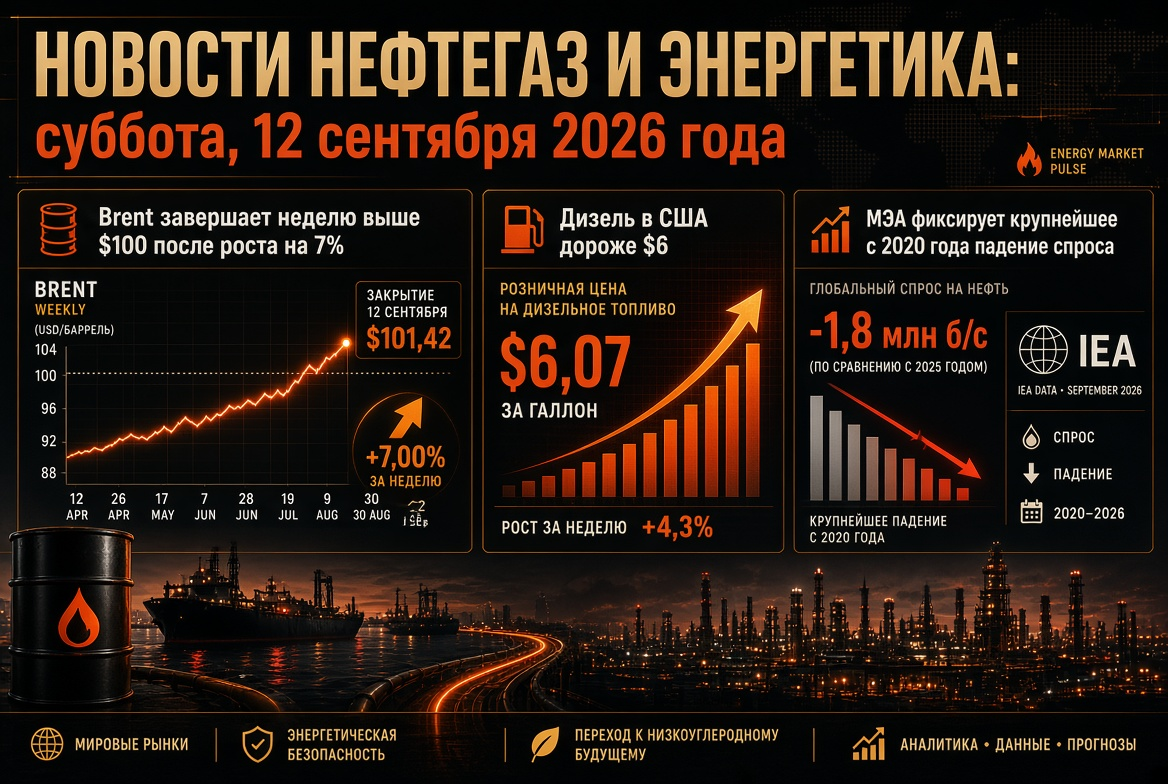 Oil and Gas News: Saturday, September 12, 2026 — Brent Ends the Week Above $100 After 7% Rise, Diesel in the U.S. Over $6, IEA Reports Largest Demand Decline Since 2020