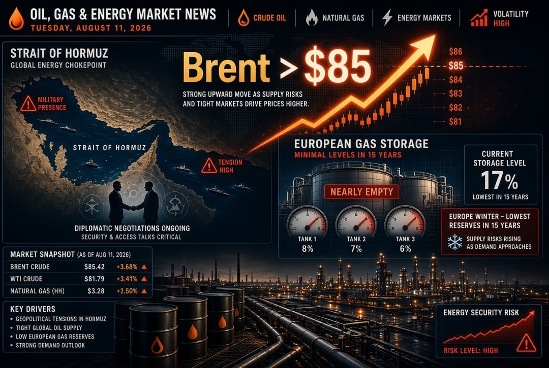 Oil and Gas News and Energy - Tuesday, August 11, 2026: Brent Breaks $85 Amid Hormuz Strait Negotiations, Europe Enters Winter with 15-Year Low Gas Reserves