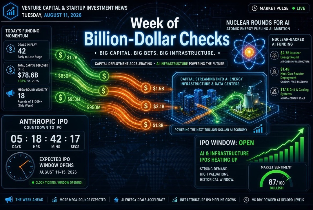 Startup and Venture Investment News – Tuesday, August 11, 2026: A Week of Billion-Dollar Checks, Nuclear Rounds for AI, and Countdown to IPO Anthropic