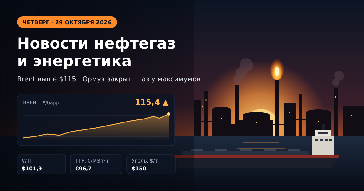 Oil, gas and energy news — Thursday, 29 October 2026: Brent above $115 after the Houthi strike on Ras Tanura, European gas at its highest since 2022
