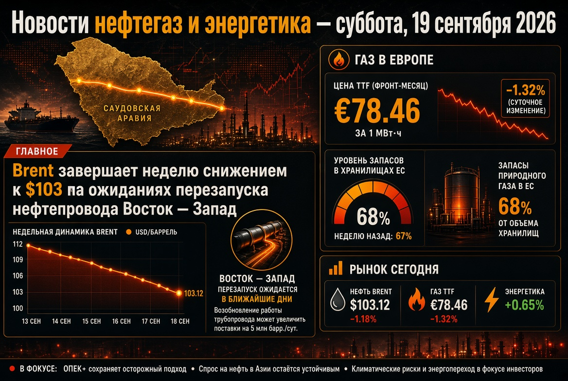 Oil and Gas News and Energy - Saturday, September 19, 2026: Brent Ends Week Lower at $103 Amid Pipeline Restart Expectations, Gas in Europe Around €78 with 68% Storage Levels