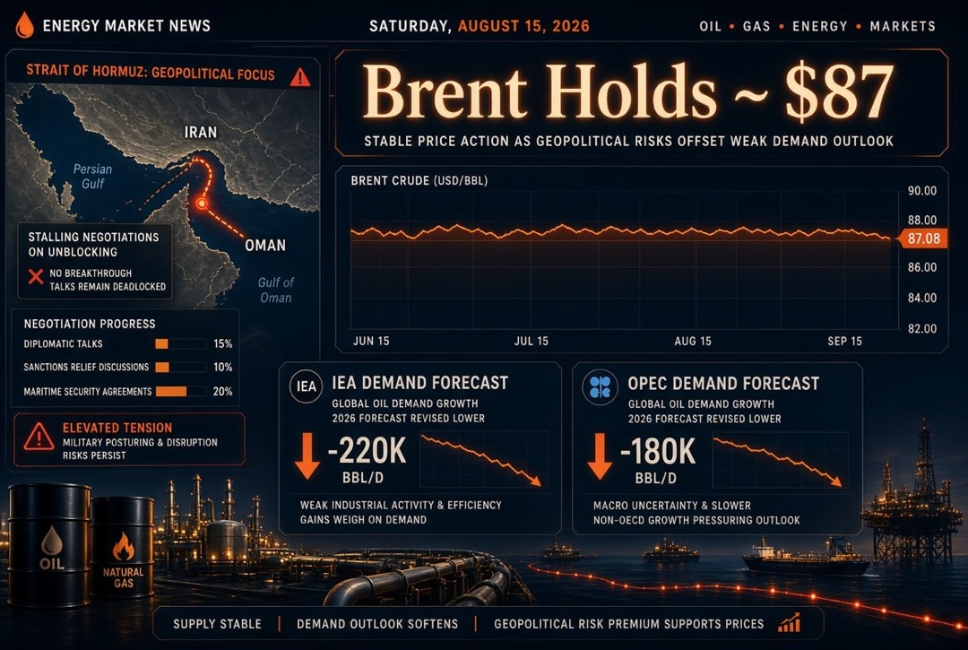 Oil and gas news — Saturday, August 15, 2026: Brent holds at $87 amid stalled negotiations on unblocking the Strait of Hormuz; IEA and OPEC lower demand forecasts.