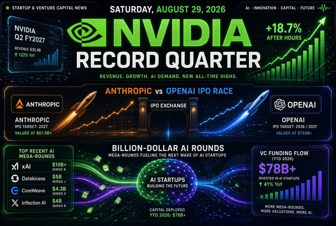 Startup and Investment News — Saturday, August 29, 2026: Record Quarter for Nvidia, IPO Race for Anthropic and OpenAI, and Billion Dollar AI Rounds