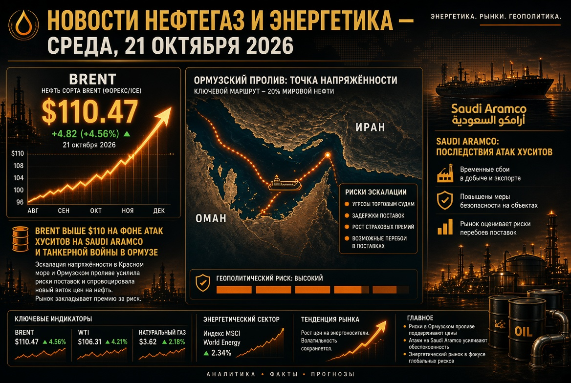 Oil and Gas News — Wednesday, October 21, 2026: Brent Above $110 amid Houthi Attacks on Saudi Aramco and Tanker War in Hormuz