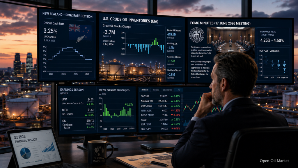 Economic Events and Corporate Reports, Wednesday July 8, 2026: RBNZ Rate, EIA Oil Inventory, and FOMC Minutes