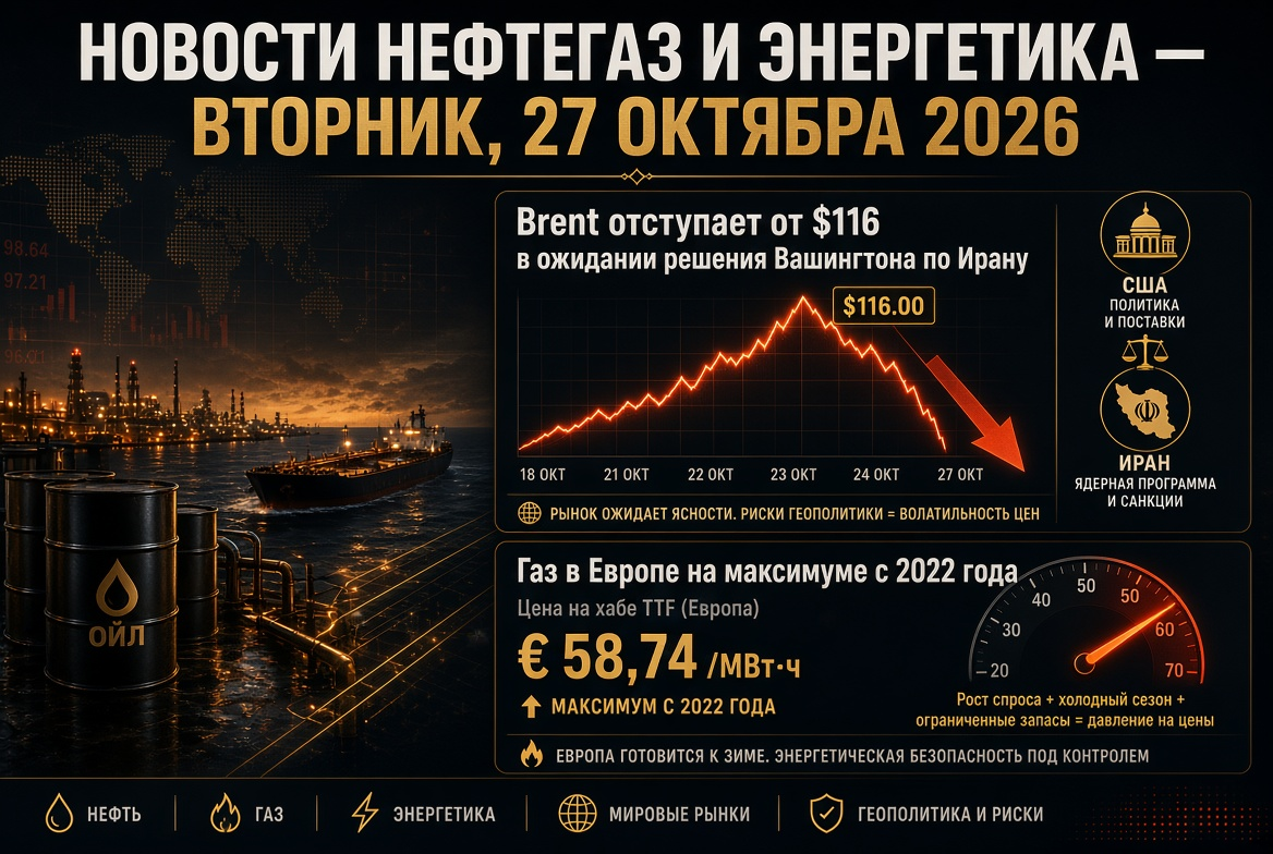 Oil and Gas News — Tuesday, October 27, 2026: Brent retreats from $116 in anticipation of Washington's decision on Iran, gas in Europe at its peak since 2022