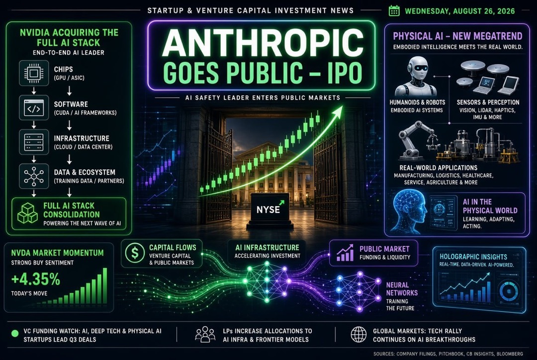 Startup and Venture Investment News — Wednesday, August 26, 2026: Anthropic Goes Public, Nvidia Acquires the Entire AI Stack, and Physical AI Becomes a New Megatrend