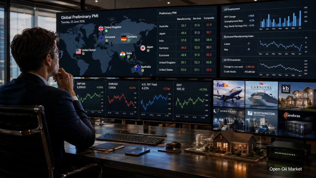Economic Events and Corporate Reports: Tuesday, June 23, 2026 — Global PMIs, U.S. Labor Market, FedEx, Carnival, and KB Home