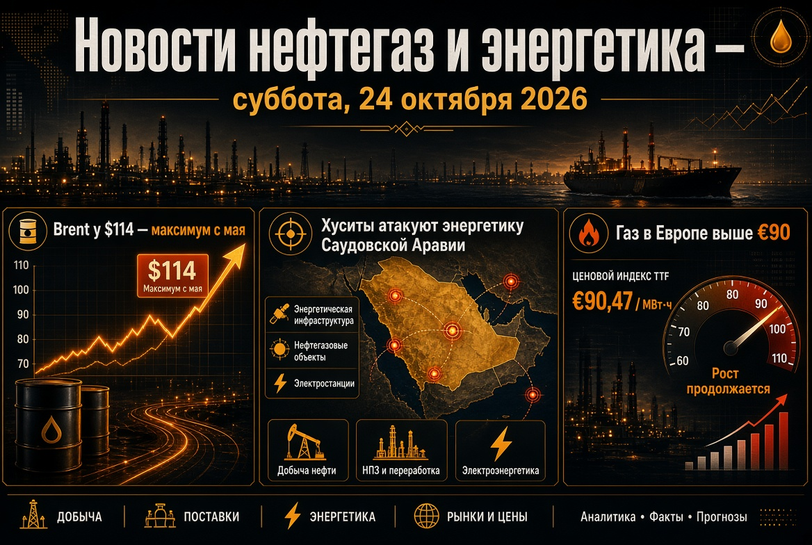Oil and Gas News - Saturday, October 24, 2026: Brent at $114 - Highest Since May, Houthis Attack Saudi Energy, Gas in Europe Above €90