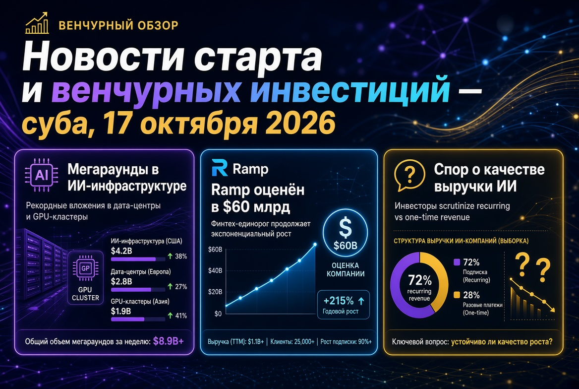 Startup and Venture Capital News — Saturday, October 17, 2026: Mega Rounds in AI Infrastructure, Ramp Valued at $60 Billion, and Debate on AI Revenue Quality
