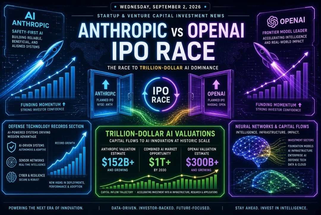 Startup and venture capital news — Wednesday, 2 September 2026: Anthropic and OpenAI IPO race, trillion-dollar AI valuations and defence technology records